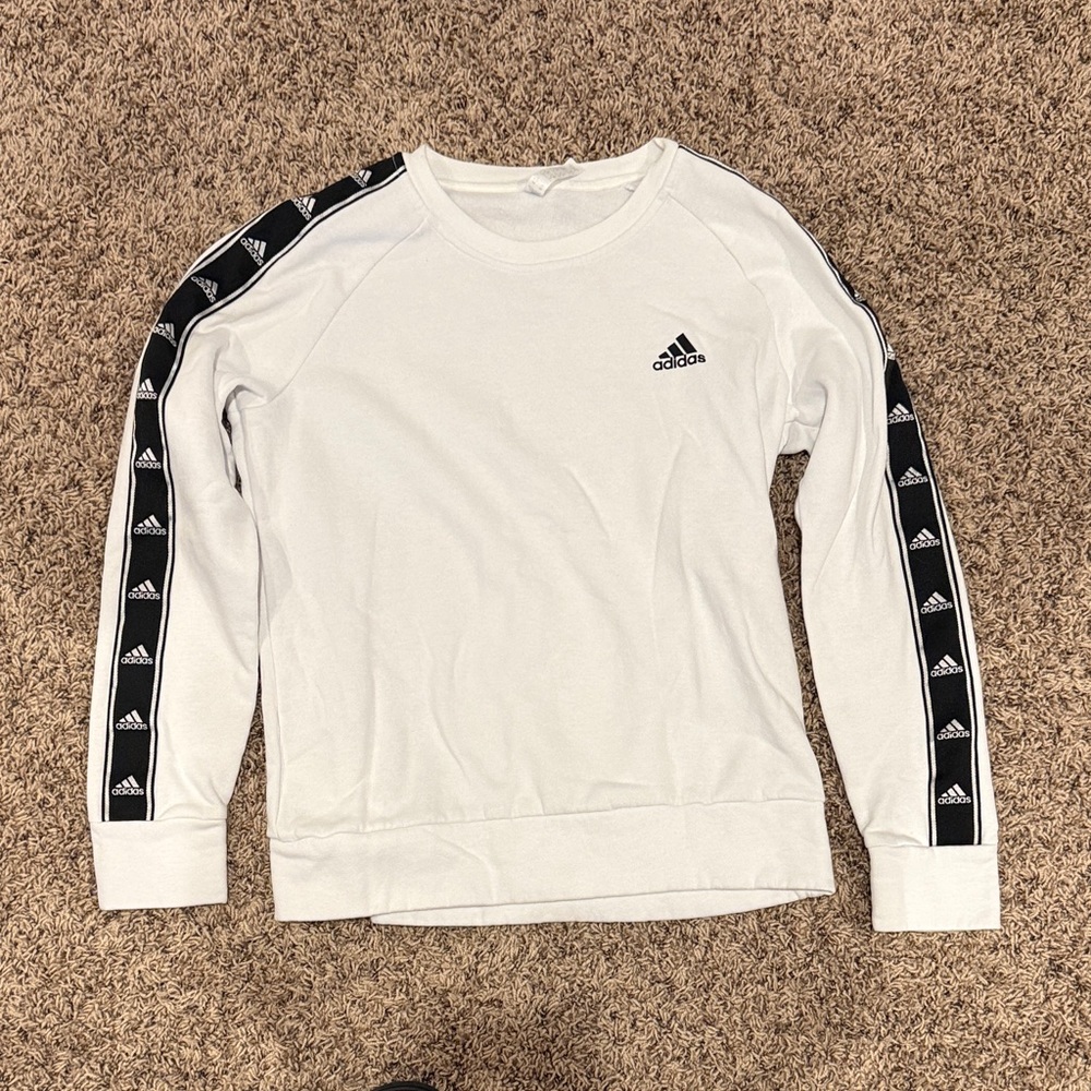 adidas White Long-Sleeve Crewneck with Black Logo Tape